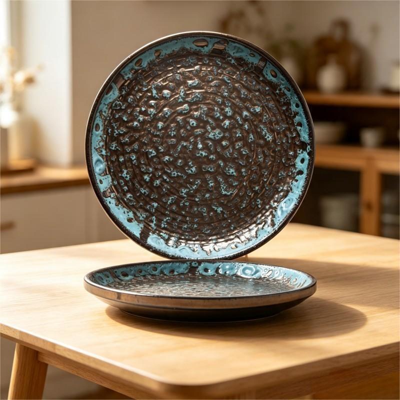Teal and Brown Textured Glaze Ceramic Plates Stacked 2