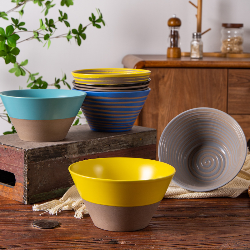 Teal Yellow Blue and Grey Two-Tone Ceramic Bowls Stacked