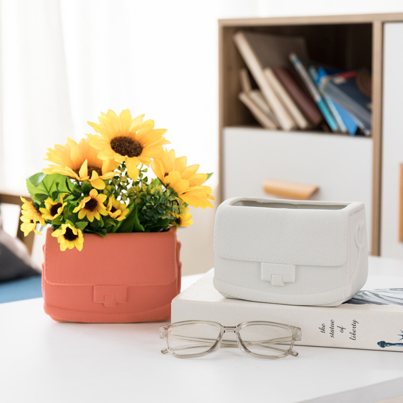 Terracotta and White Handbag Shaped Ceramic Planters with Sunflowers