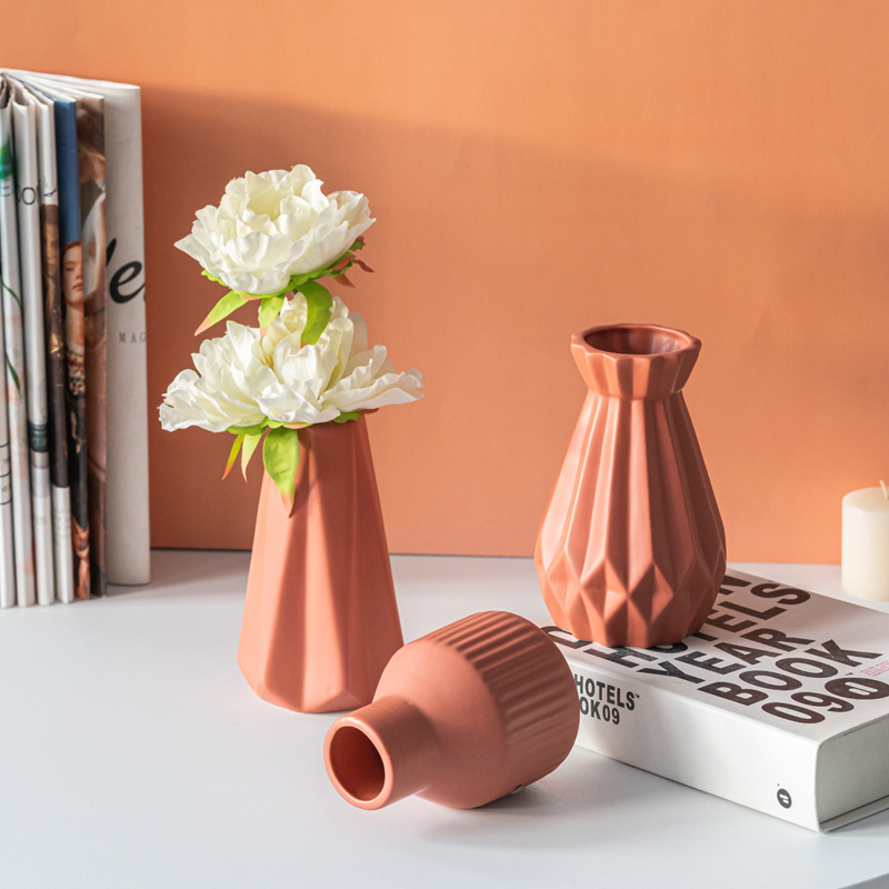 Terracotta Faceted Ceramic Vases with White Peonies