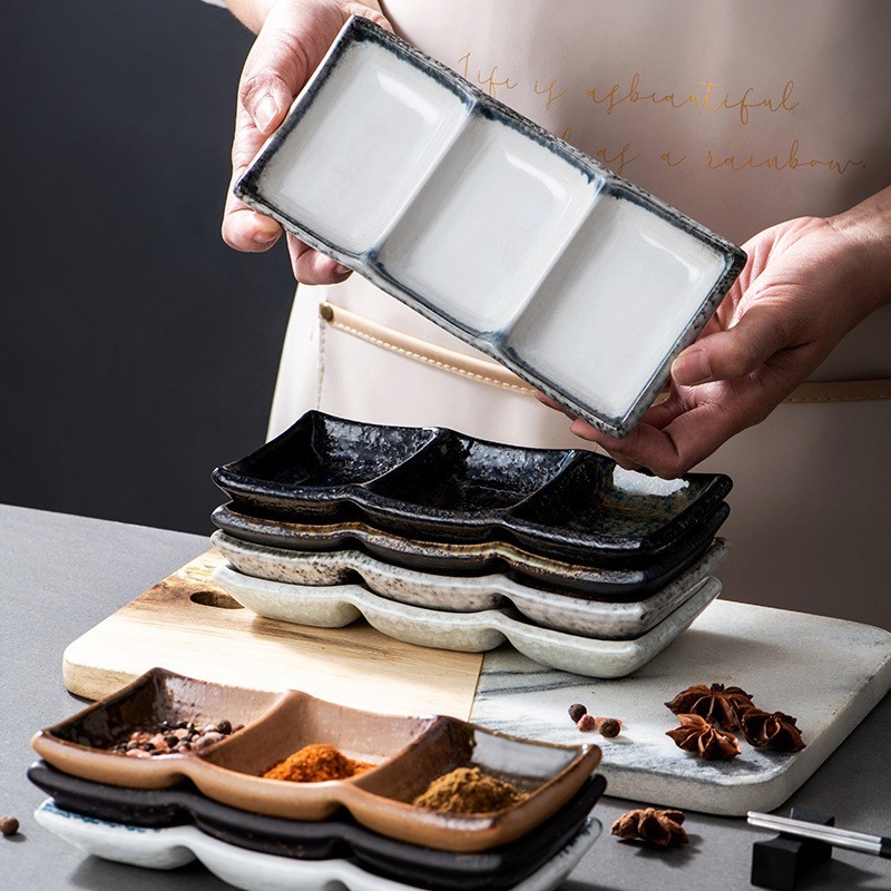 Three Compartment Ceramic Sauce Dishes in Various Glazes