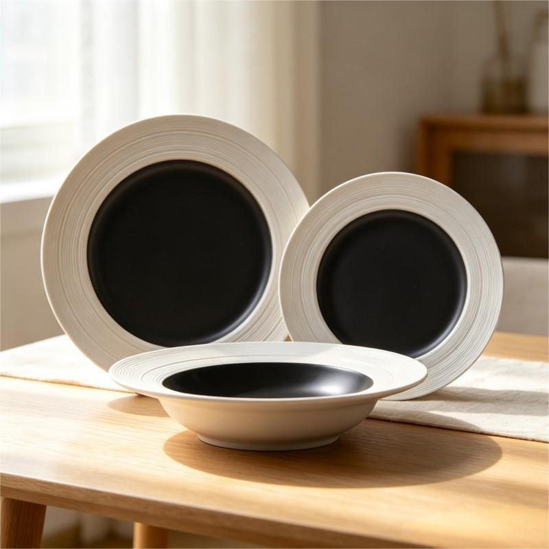 White and Black Two-Tone Ceramic Plates and Bowl Set