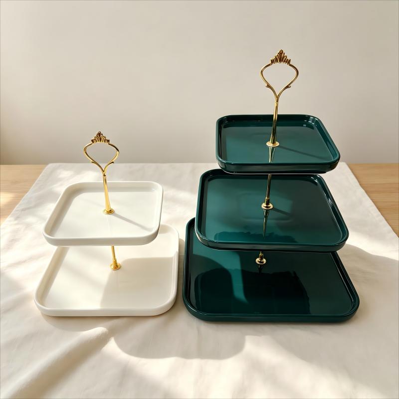 White and Dark Teal Square Tiered Ceramic Serving Stands with Gold Handle