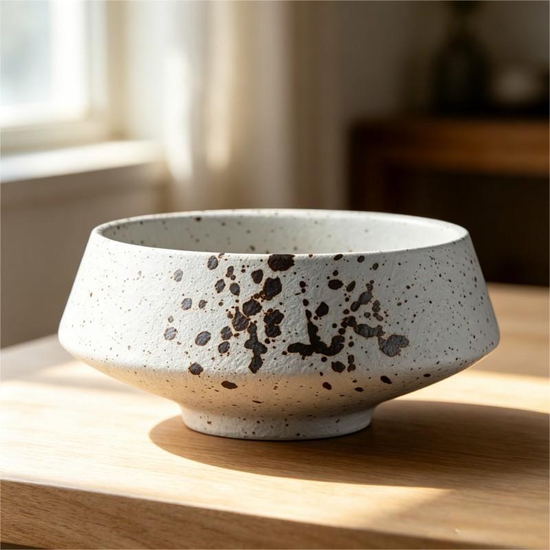 White Ceramic Bowl with Black Ink Splatter Accent