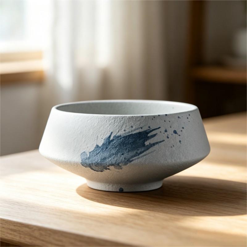 White Ceramic Bowl with Blue Ink Brushstroke Accent
