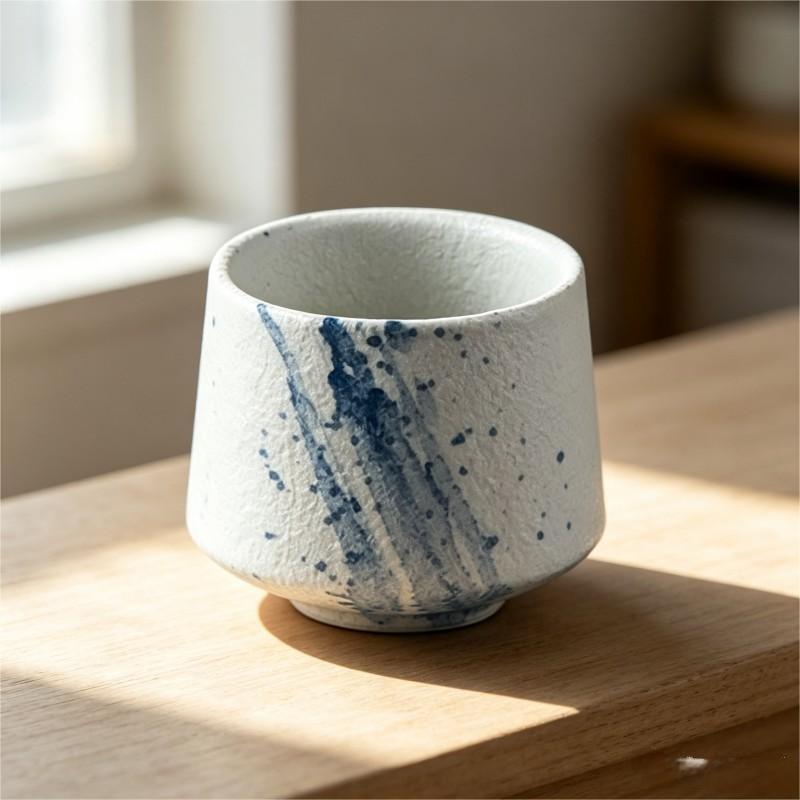 White Ceramic Bowl with Blue Ink Splatter Streaks