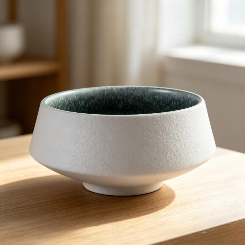 White Ceramic Bowl with Dark Teal Interior Glaze