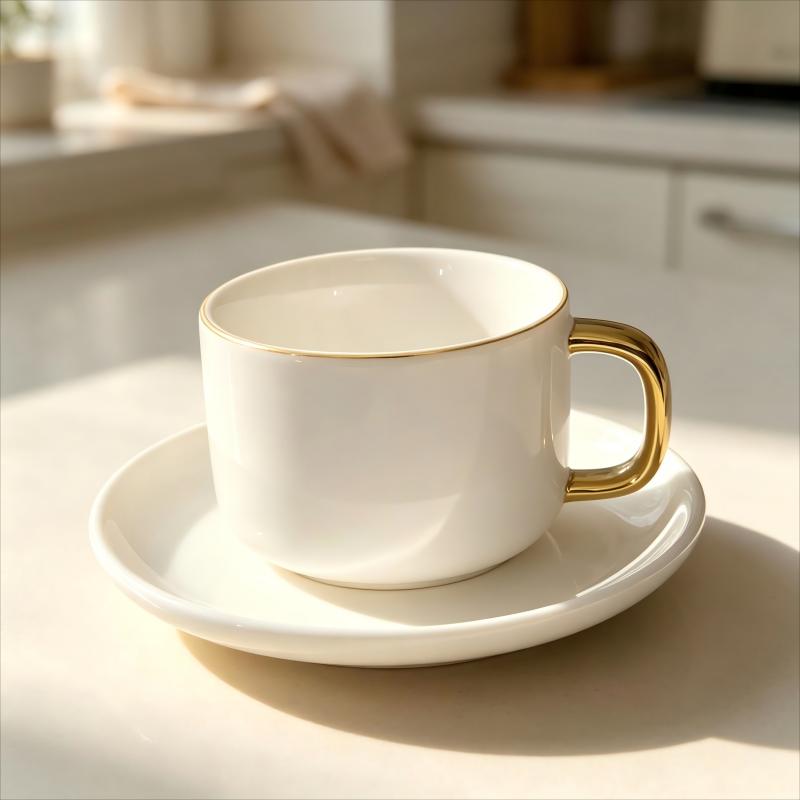 White Ceramic Cup and Saucer with Gold Rim and Handle