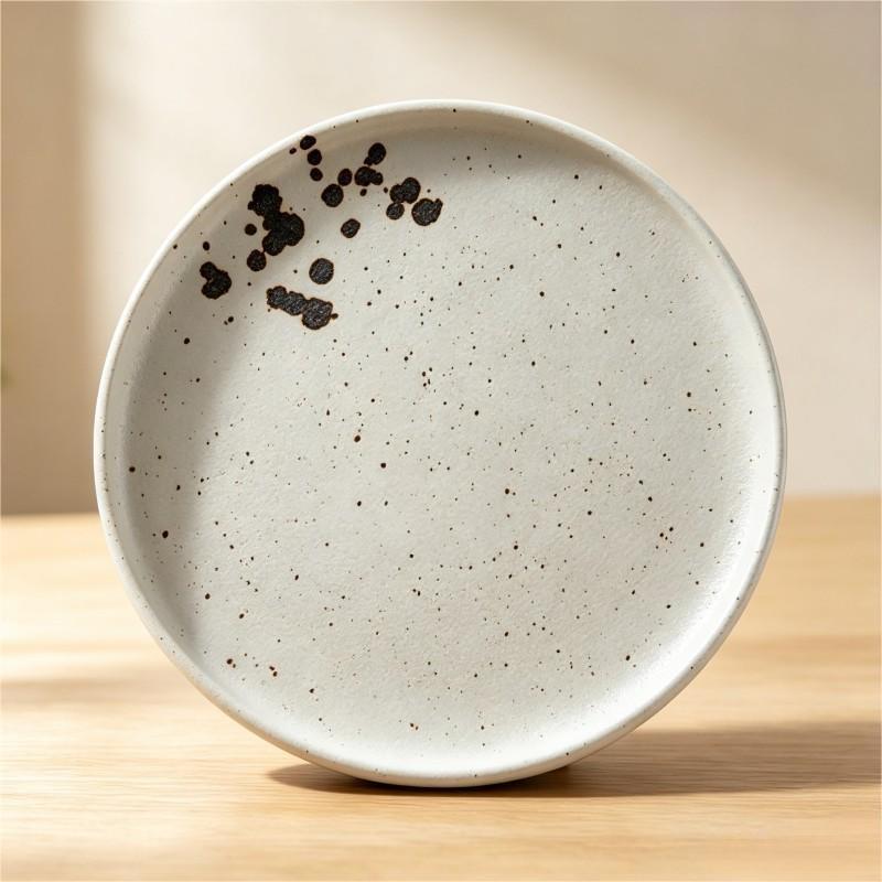 White Ceramic Plate with Black Ink Splatter Accent