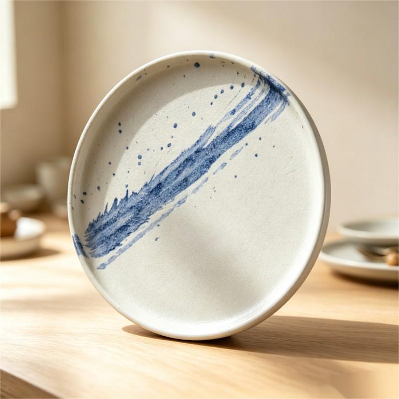 White Ceramic Plate with Hand-Painted Blue Brushstroke