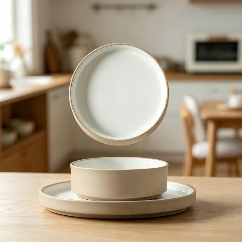White Glazed Beige Rim Ceramic Plate and Bowl Stacked