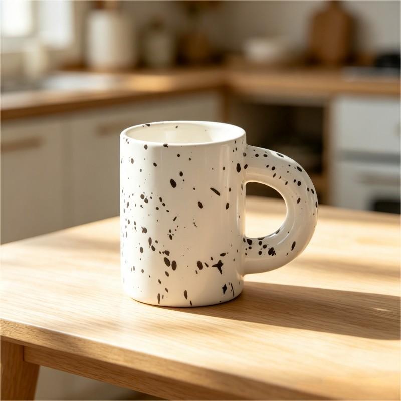 White Mug with Black Speckled Pattern