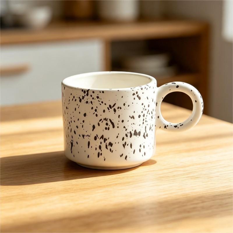 White Mug with Black Speckles and Ring Handle