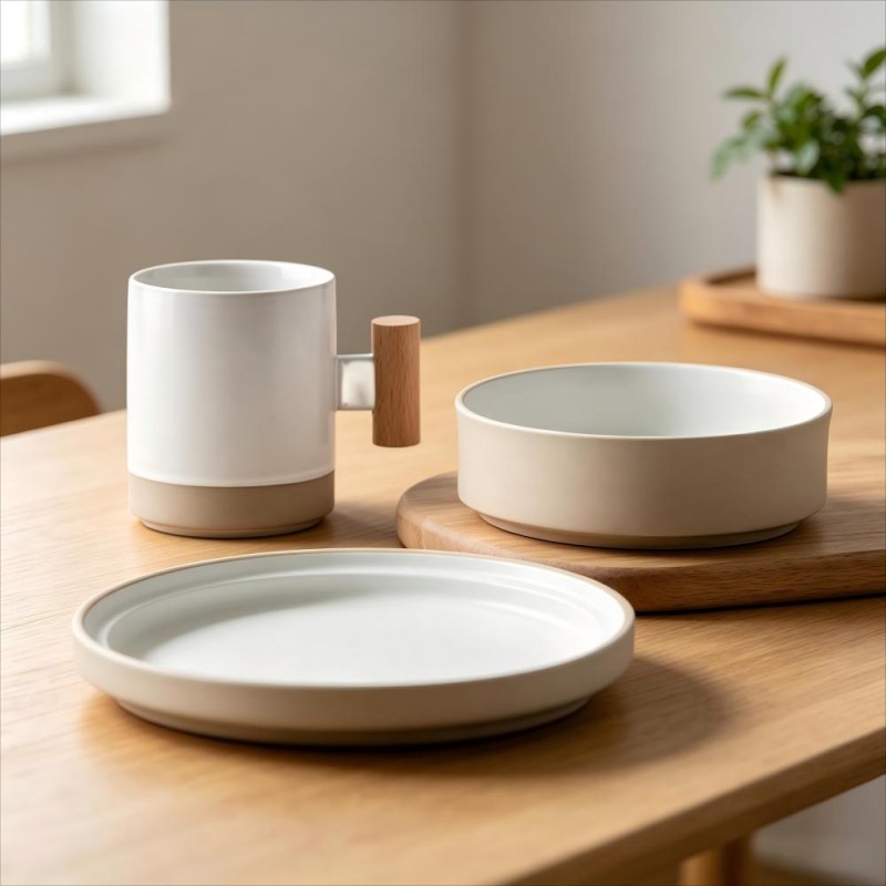 White Mug with Wood Handle Beige Bowl and Plate Set