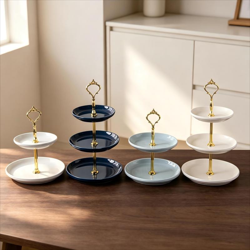 White Navy Blue Grey and Cream Tiered Ceramic Stands with Gold Handles