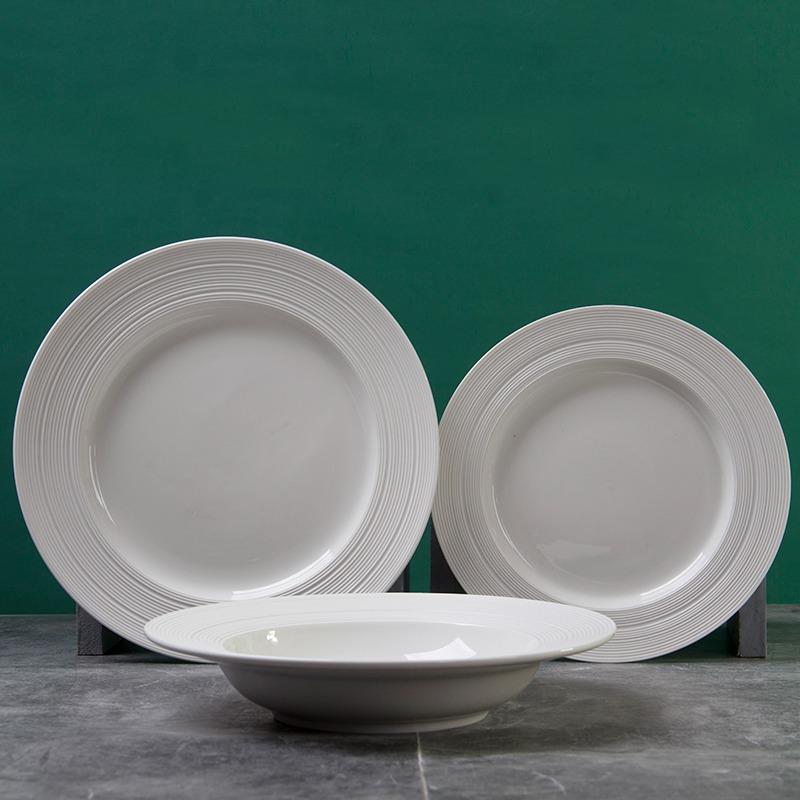 White Ribbed Ceramic Dinner Plates and Bowl Set