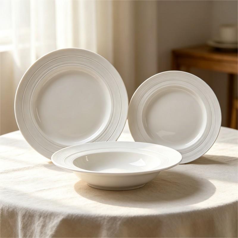 White Ribbed Ceramic Dinner Plates and Pasta Bowl Set