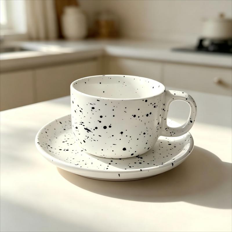 White Speckled Ceramic Cup and Saucer Set