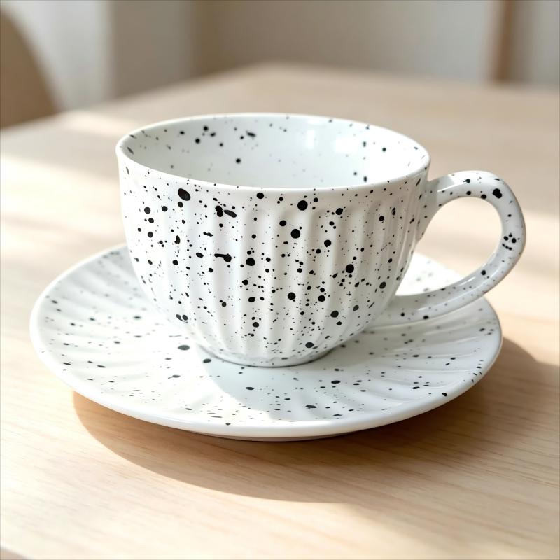 White Speckled Ribbed Ceramic Cup and Saucer