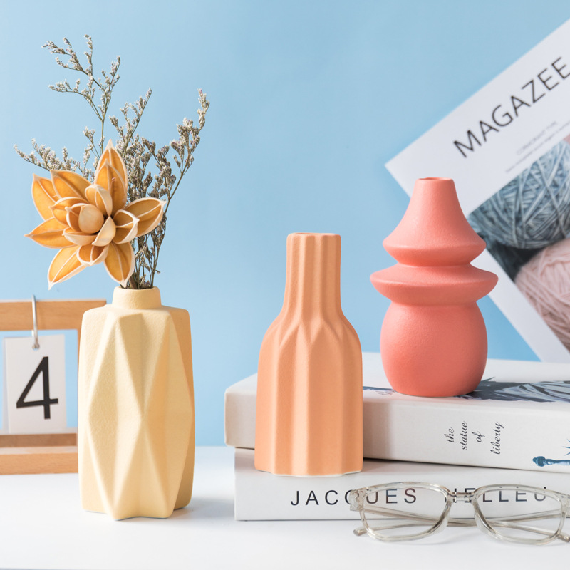Yellow Peach and Coral Geometric Ceramic Bud Vases with Dried Flowers