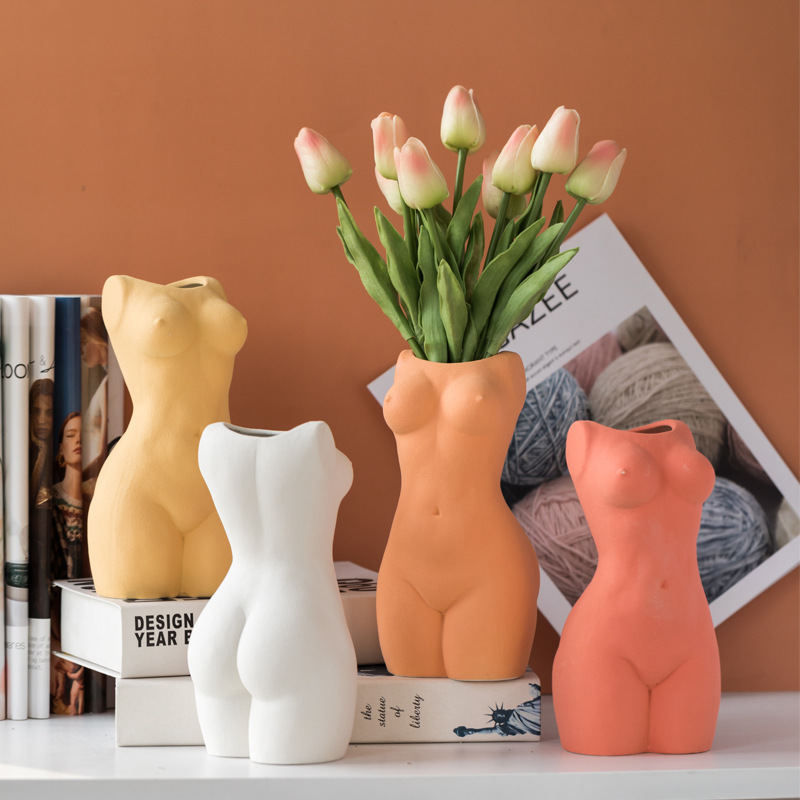 Yellow White Orange and Coral Female Torso Ceramic Vases with Tulips