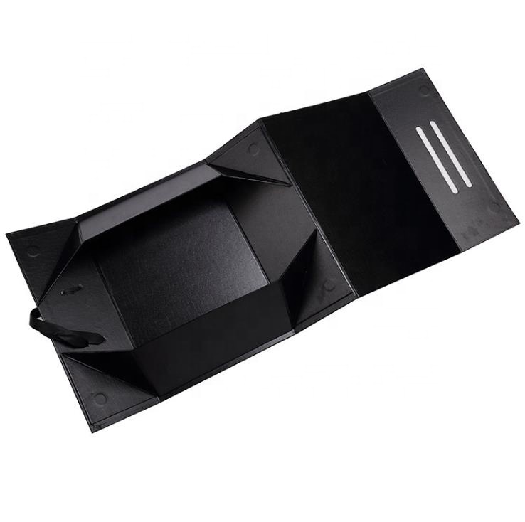 Black Foldable Gift Box Open with Ribbon Slots