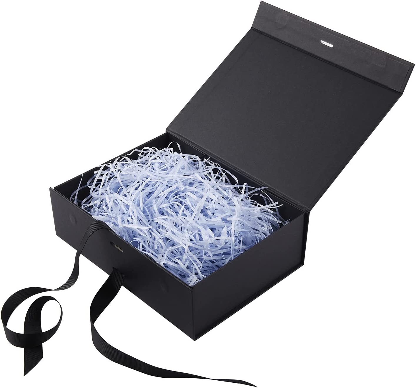 Black Gift Box Open with Shredded Paper Filling and Ribbon