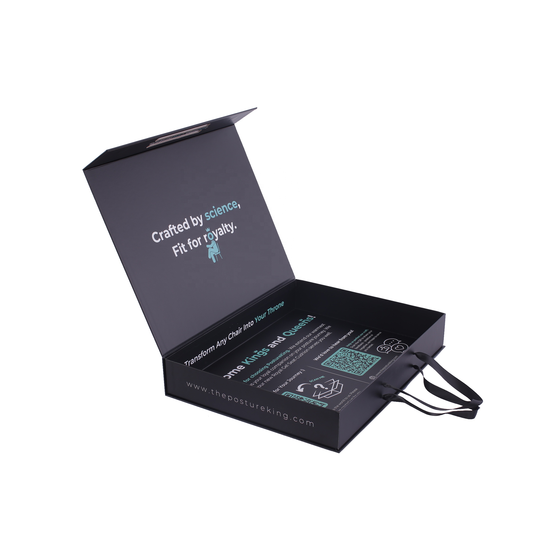 Black PostureKing Gift Box Open with Crafted by Science Message and Ribbon Handles