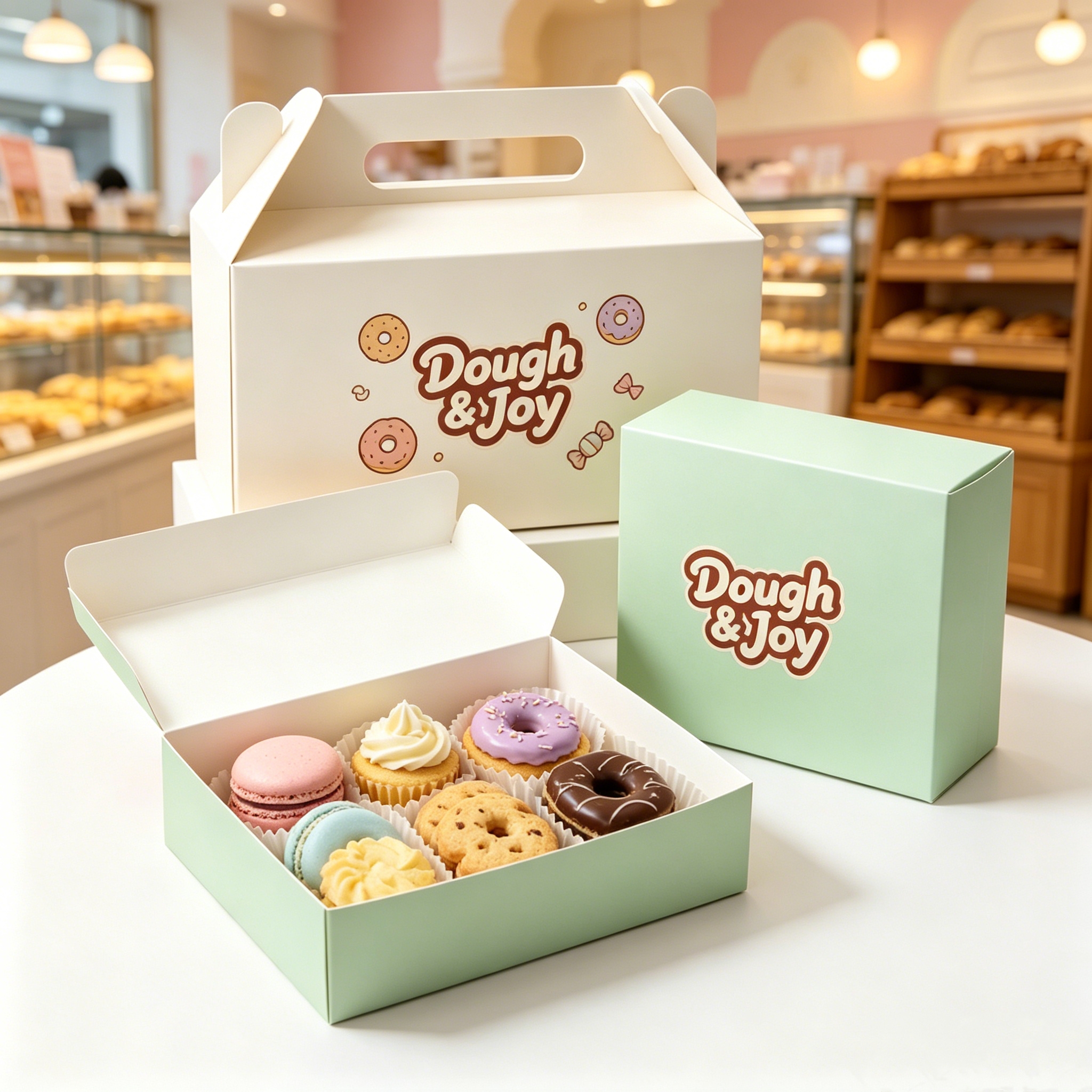 Cream and Sage Dough and Joy Bakery Boxes with Donuts Cupcakes and Macarons