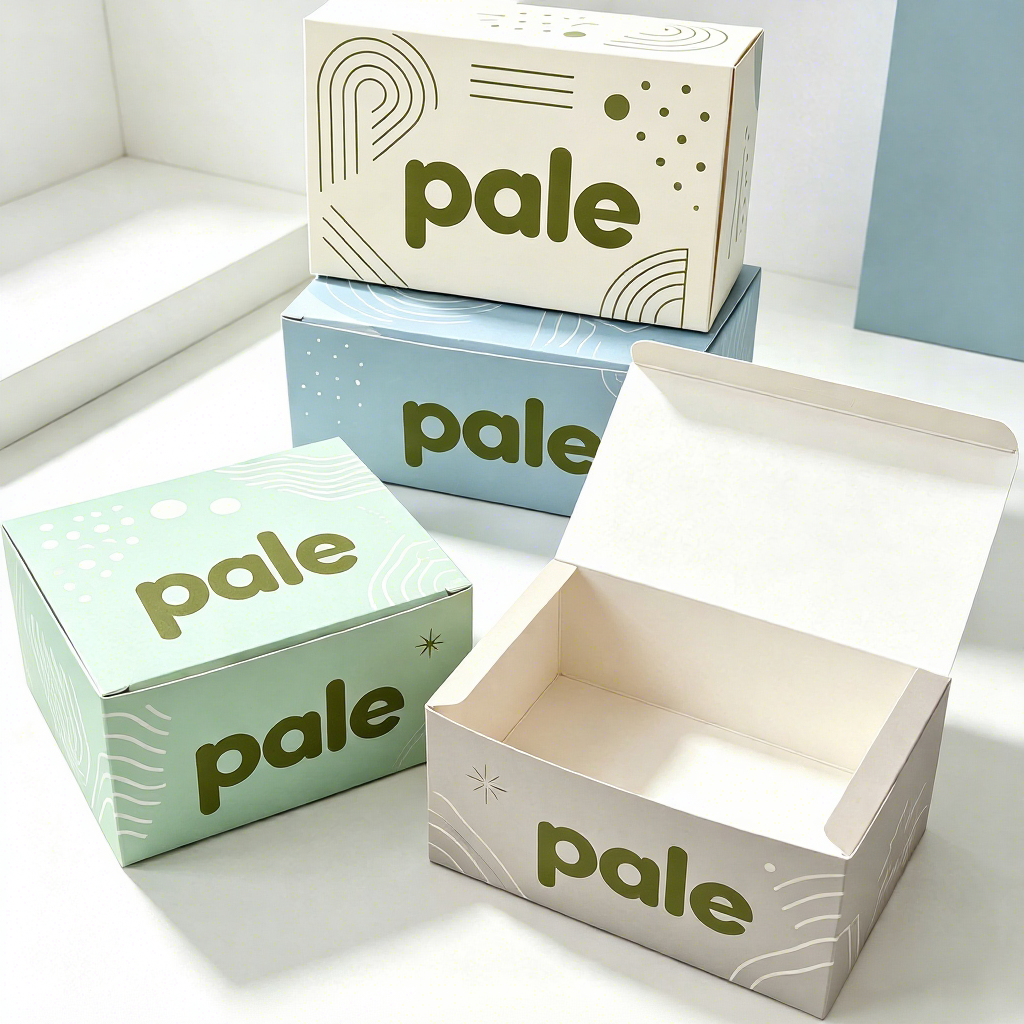 Cream Blue and Sage Pale Branded Mailer Boxes Open and Closed