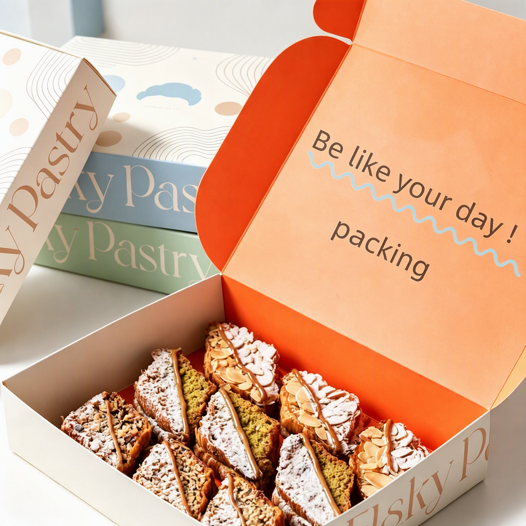 Elsky Pastry Boxes Open with Almond Biscotti and Be Like Your Day Message
