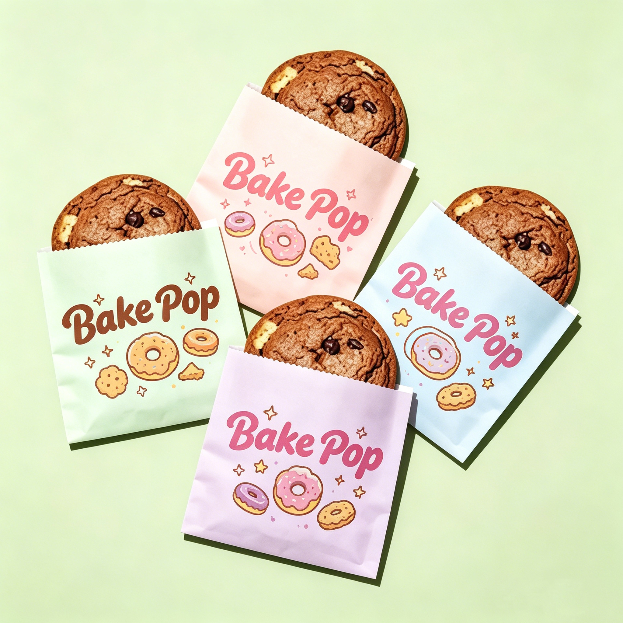 Pastel Bake Pop Cookie Bags with Chocolate Chip Cookies Set of Five