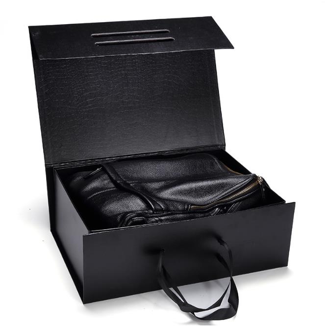 Black Leather Bag in Open Black Gift Box with Ribbon Handles