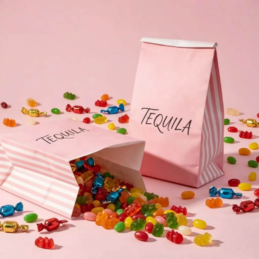 Pink Striped Tequila Candy Bags with Spilled Gummy Candy