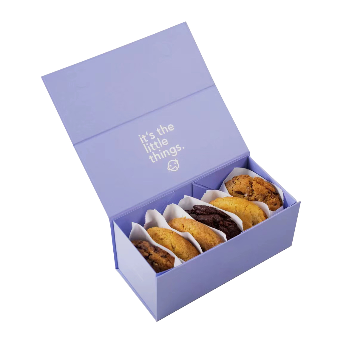Purple Cookie Box Open with Assorted Cookies and Its the Little Things Message