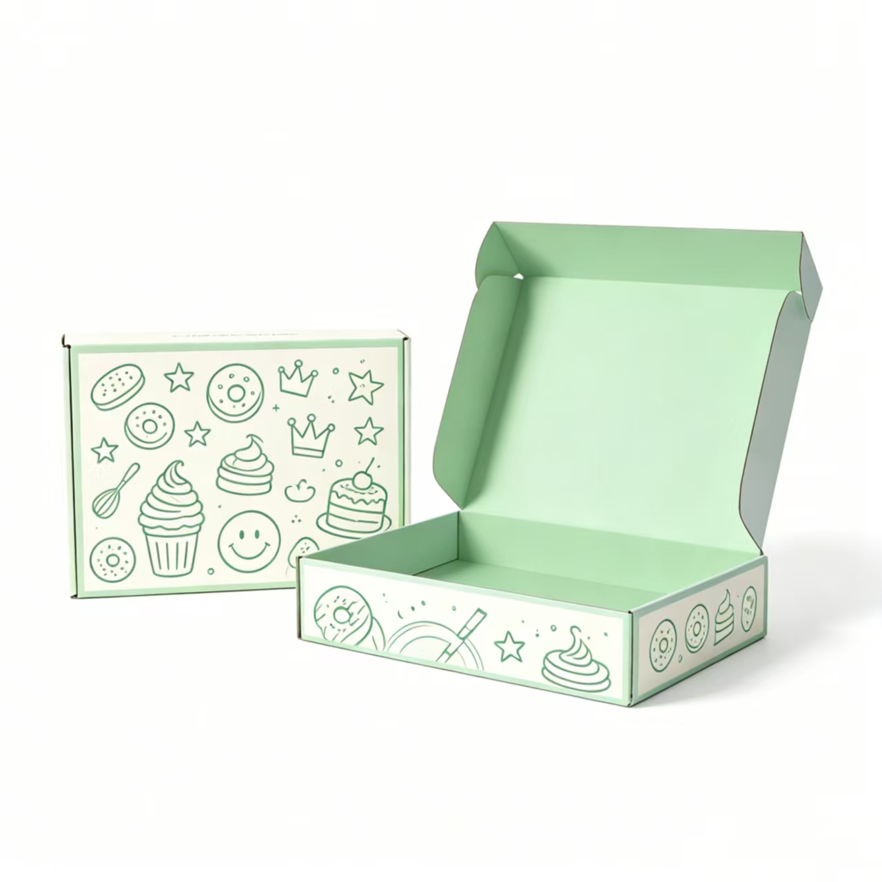 Sage Green Bakery Mailer Box with Sweet Treats Illustrations Open and Closed