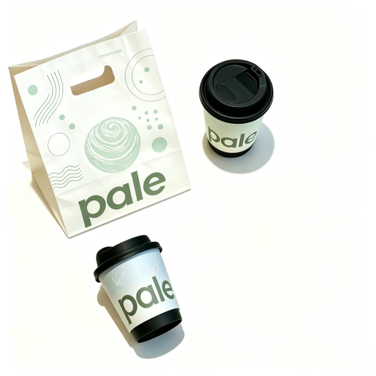 Sage Green Pale Branded Paper Bag and Coffee Cups