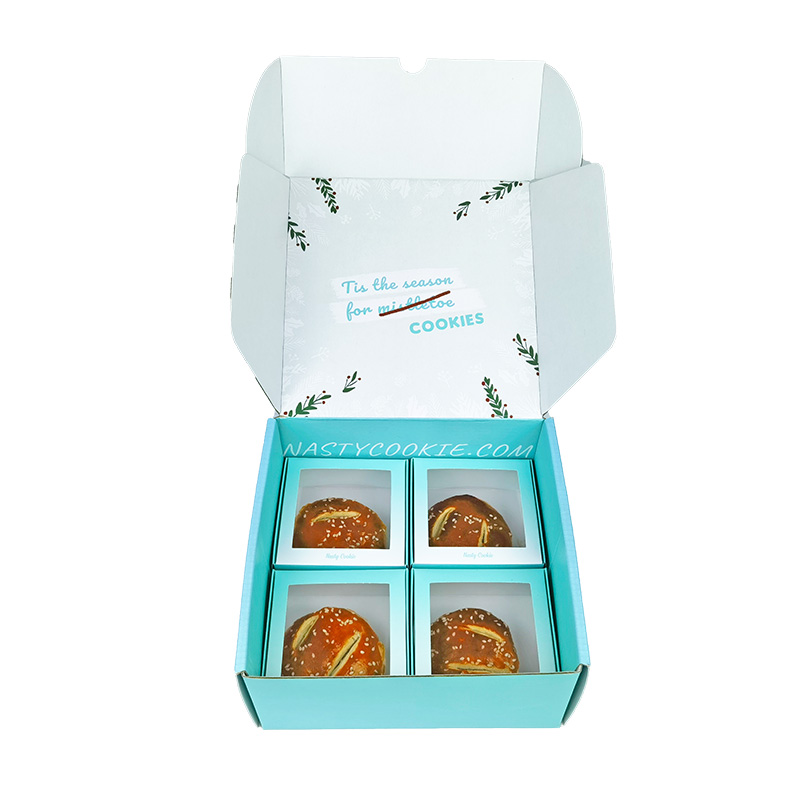 Turquoise Nasty Cookie Box Open with Four Cookies and Tis the Season Message