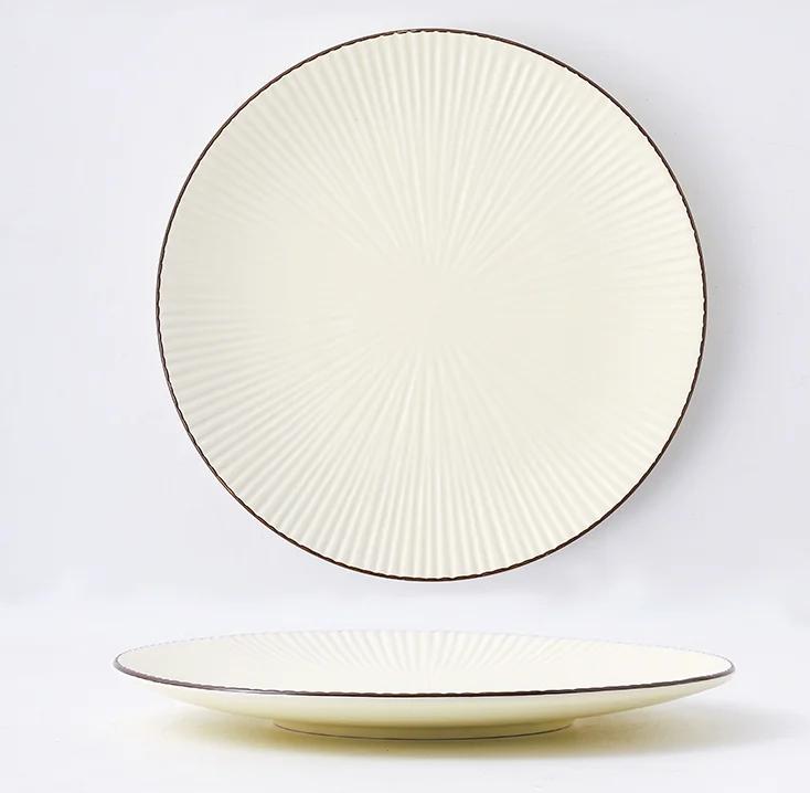 Porcelain Dinner Set Round Striped Plate 9.5", Beige