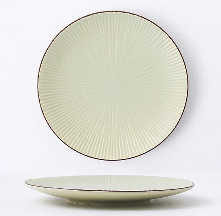 Porcelain Dinner Set Round Striped Plate 9.5", Khaki